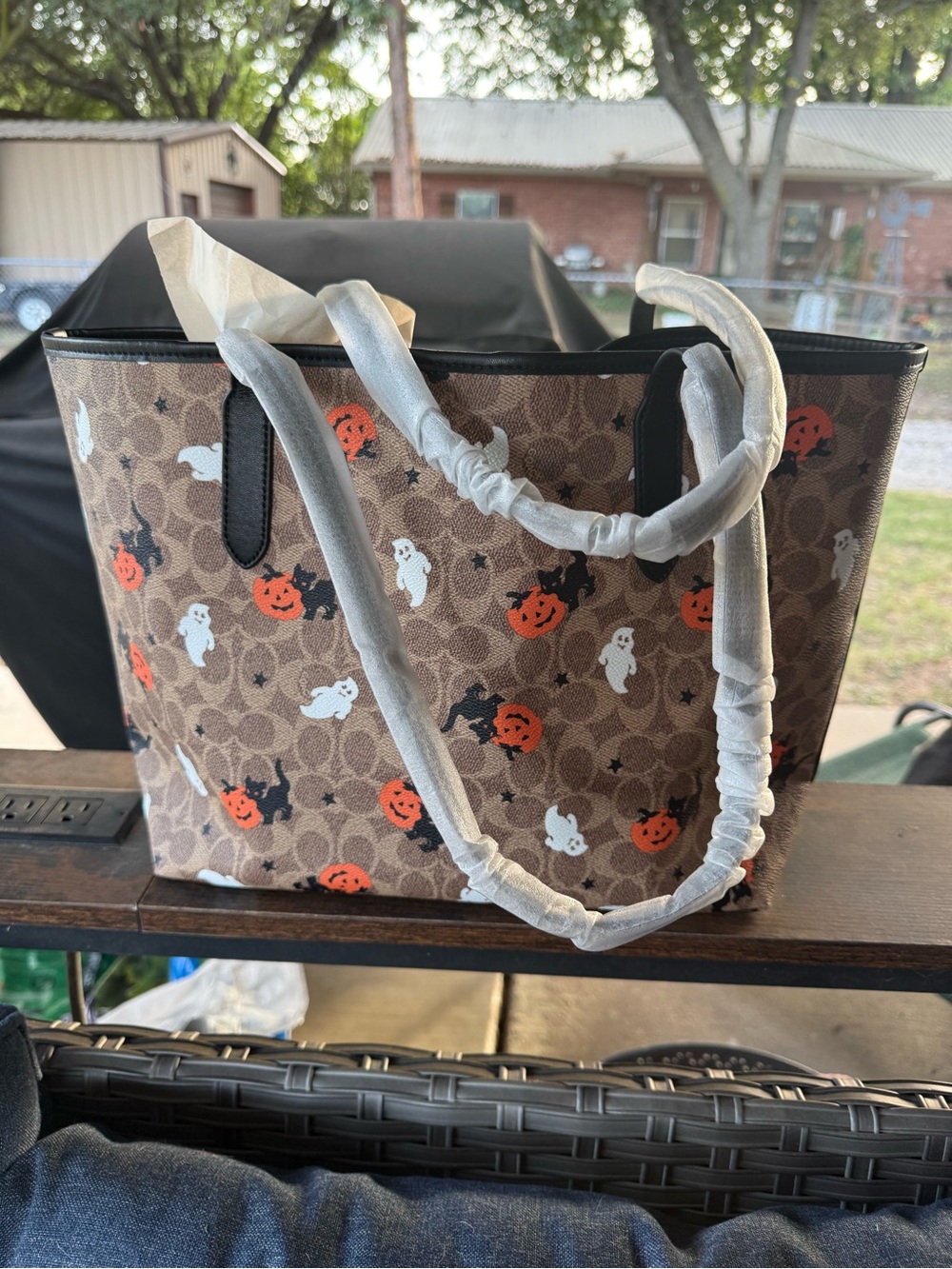 Coach Brown Halloween Ghost & Pumpkin Tote with Black Handles - Picture 3 of 13